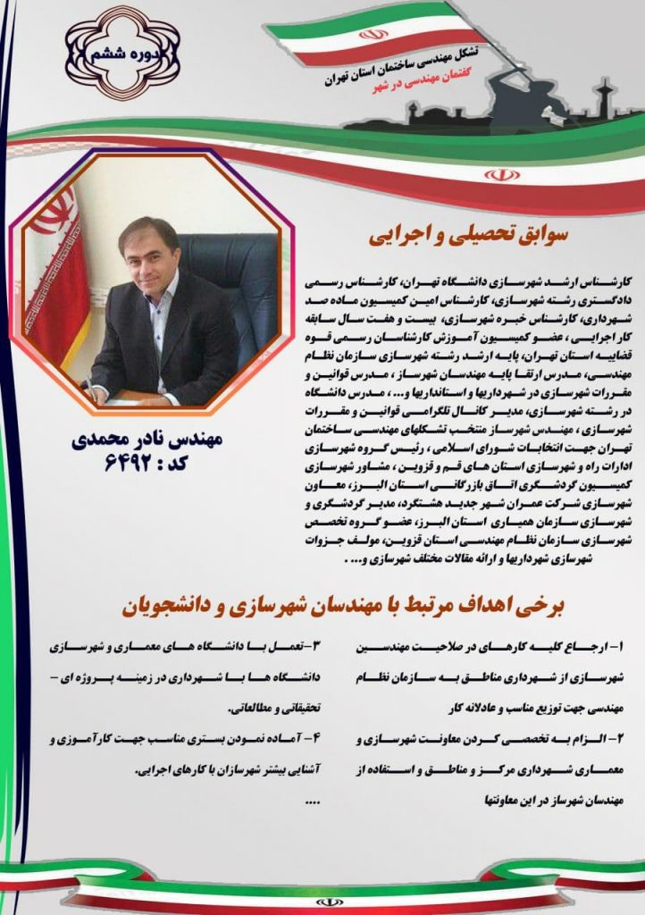 مهندس نادر محمدی کد 6492 دوره ششم انتخابات شورای اسلامی شهر تهران برای شهرسازان